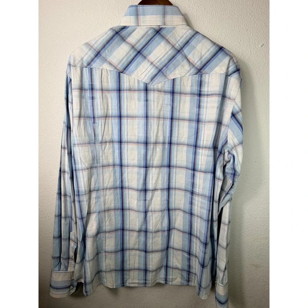 True Religion Mens Western Shirt Blue XXL Plaid Pearl Snap Long Sleeve Cotton